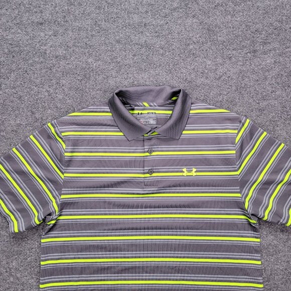 Under Armour Polo Shirt Mens Medium Gray Green Striped Golf Performance Casual - Picture 2 of 9